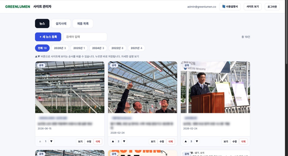 Admin console listing news, installation cases and products